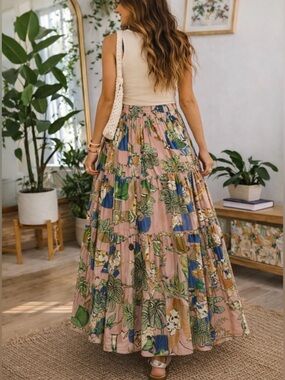 Farm Rio Tiered Maxi Skirt Lrg G Elastic Waist Patchwork Scarf Print Boho Artsy